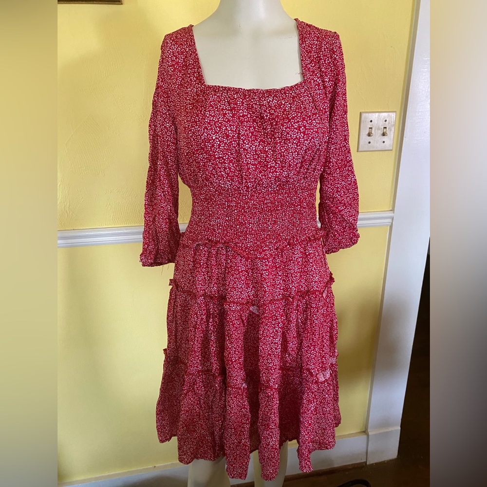 Large KANCY KOLE RED/WHITE square neck dress with smocked waist.